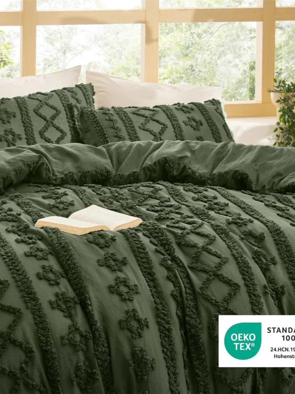Tufted Boho Comforter Set Queen Size - Olive Green Boho Bed Set, GentleSoft 3 Pi